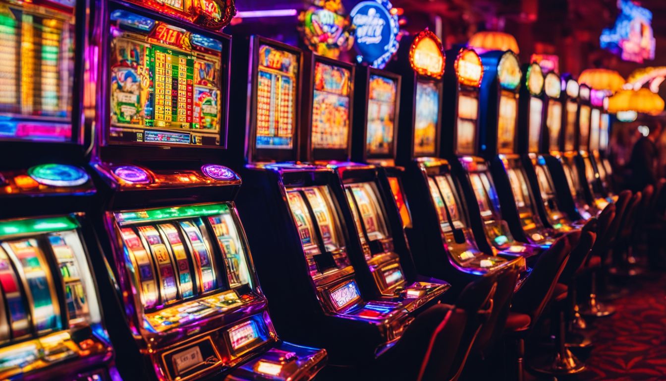 A photo of various online slot machines surrounded by colourful casino lights and graphics.