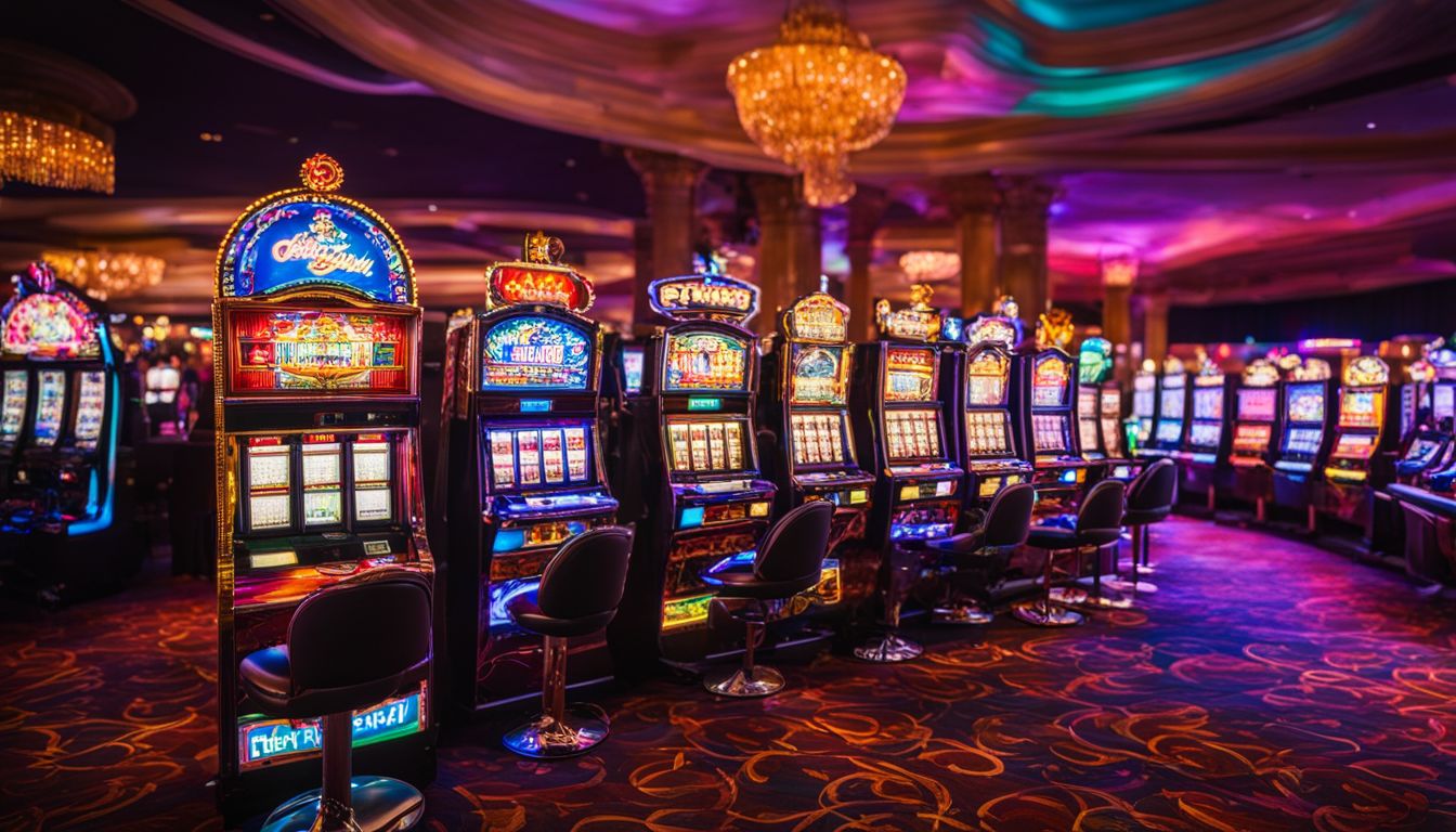 A vibrant and bustling casino scene with a slot machine as the focal point.