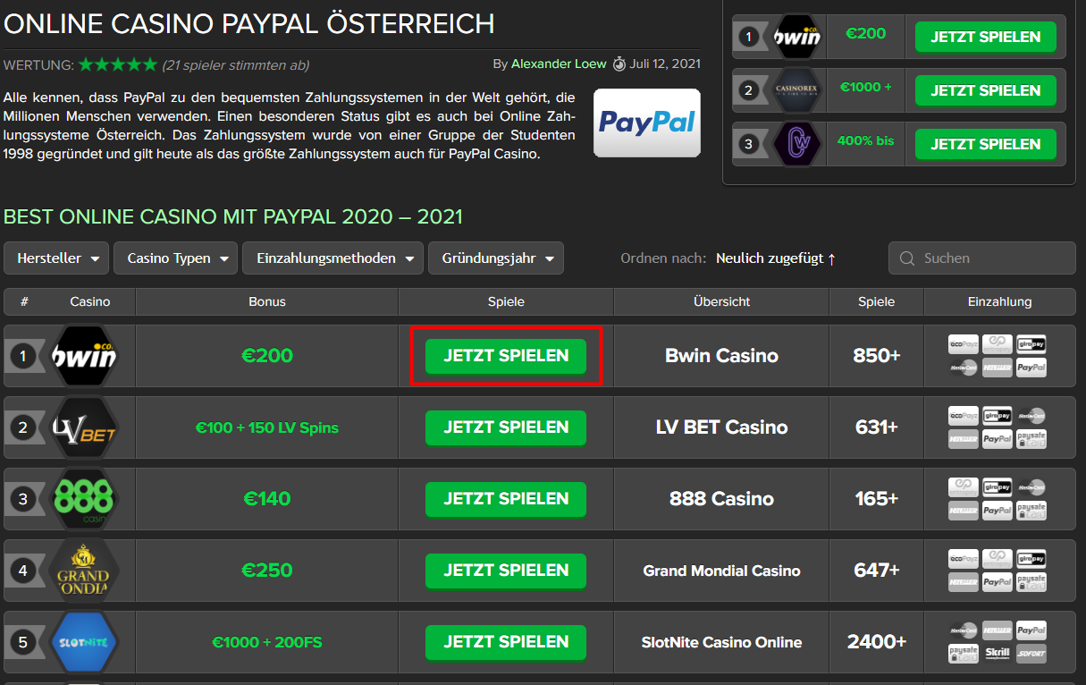 Paypal Online Casino
